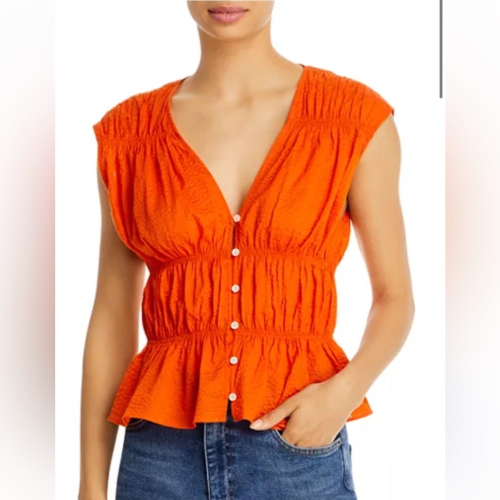 Frame Button Down Orange Crush Ruched Top - Picture 3 of 16